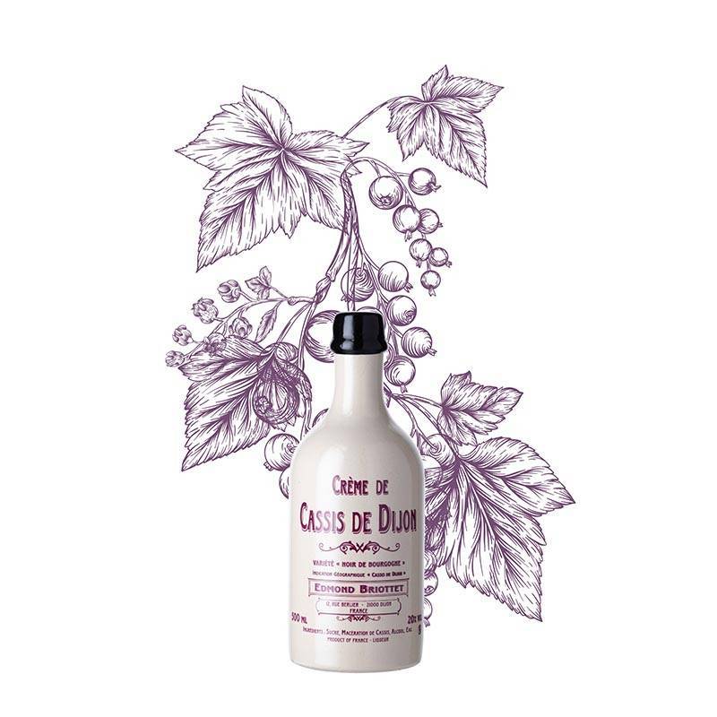 Bottle of Crème de Cassis de Dijon Maison Briottet, liqueur 20% ABV, 50cl, with an illustration of blackcurrant leaves