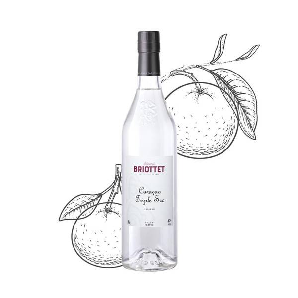 Bottle of Maison Briottet Triple Sec curaçao liqueur, 40% ABV, 70cl, with orange illustration background