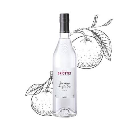 Bottle of Maison Briottet Triple Sec curaçao liqueur, 40% ABV, 70cl, with orange illustration background