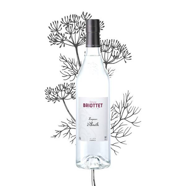 Bottle of Maison Briottet Dill Liqueur, 18% ABV, 70cl, with an illustration of dill on the background