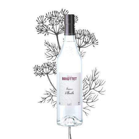 Bottle of Maison Briottet Dill Liqueur, 18% ABV, 70cl, with an illustration of dill on the background