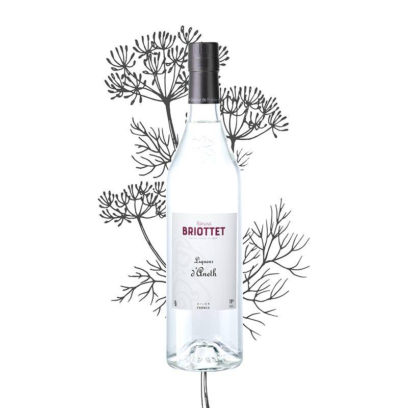 Bottle of Maison Briottet Dill Liqueur, 18% ABV, 70cl, with an illustration of dill on the background