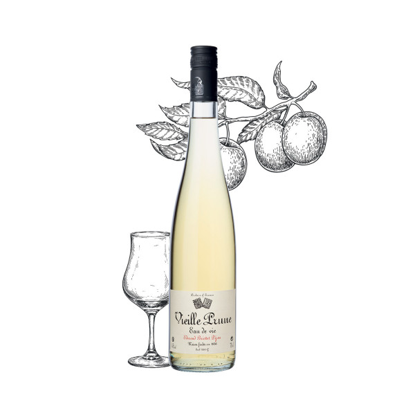 Bouteille d'eau de vie de vieille prune Maison Briottet, alcool 45% vol., 70cl, avec deux verres cocktails avec glacons