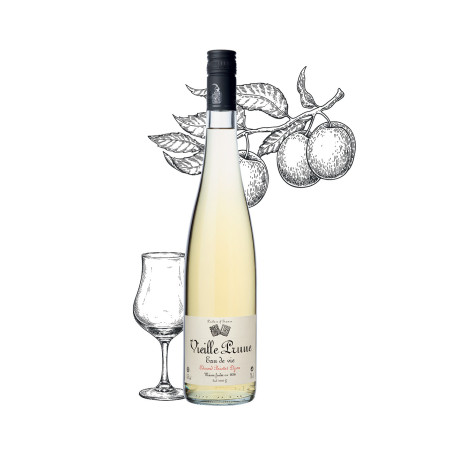 Bouteille d'eau de vie de vieille prune Maison Briottet, alcool 45% vol., 70cl, avec deux verres cocktails avec glacons