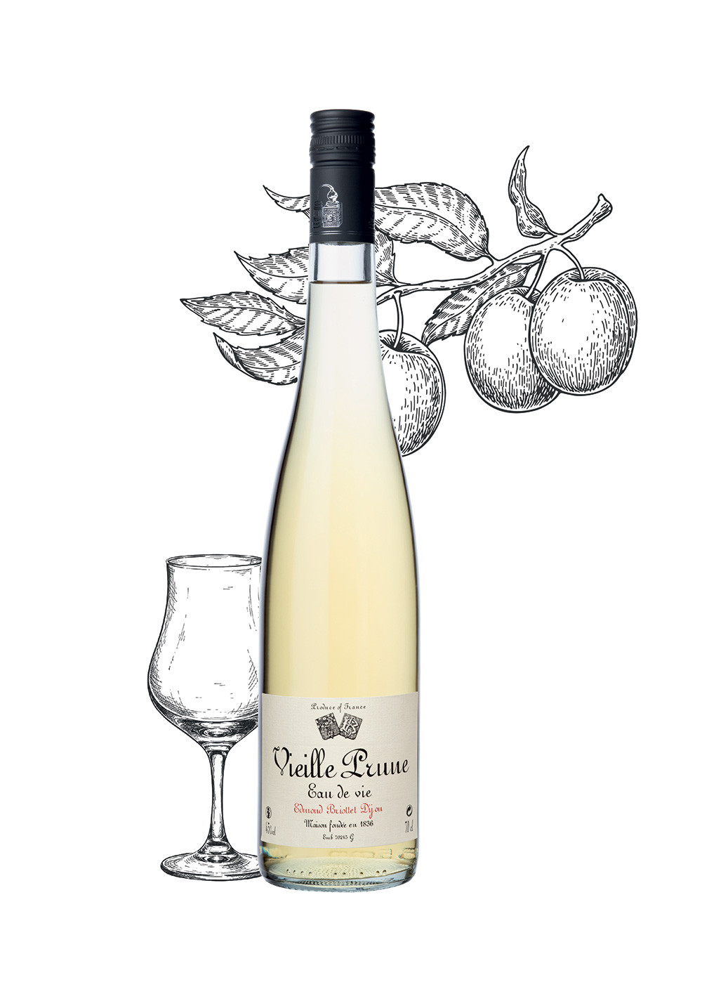 Bouteille d'eau de vie de vieille prune Maison Briottet, alcool 45% vol., 70cl, avec deux verres cocktails avec glacons