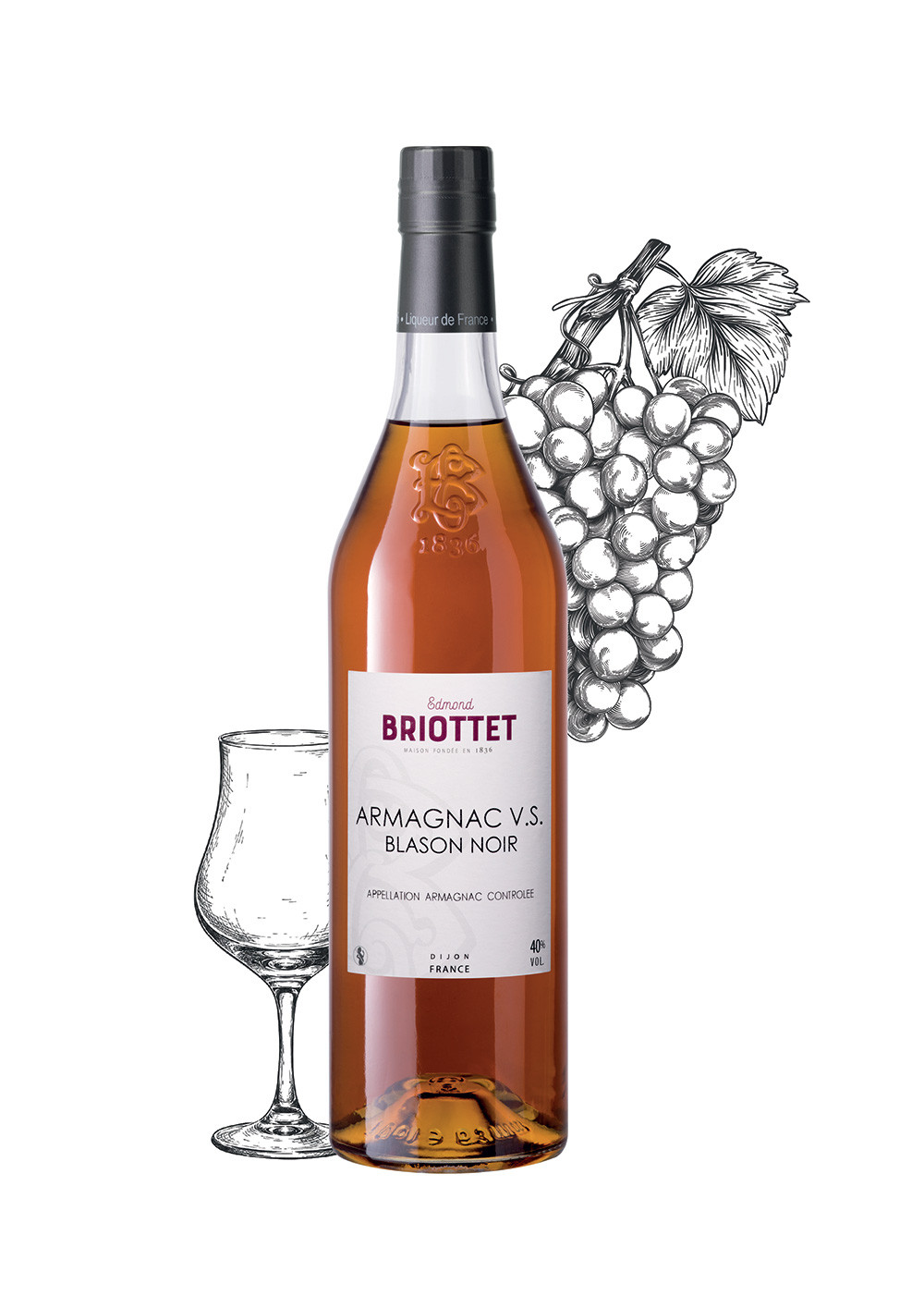 Bottle of Armagnac VS Maison Briottet, 40% alcohol by volume, 70cl, with two cocktail glasses and ice cubes