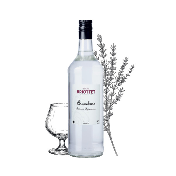 Bouteille d'Arquebuse Maison Briottet, alcool 40% vol., 1l, avec deux verres cocktails avec glaçons