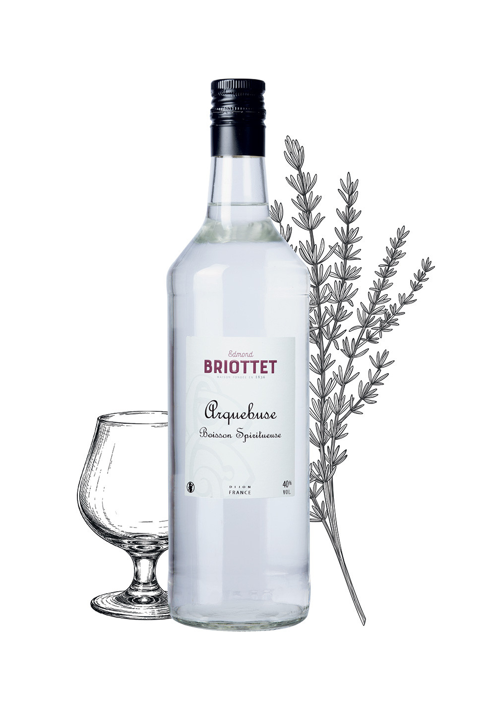 Bottle of Arquebuse Maison Briottet, 40% alcohol by volume, 1 litre, with two cocktail glasses and ice cubes