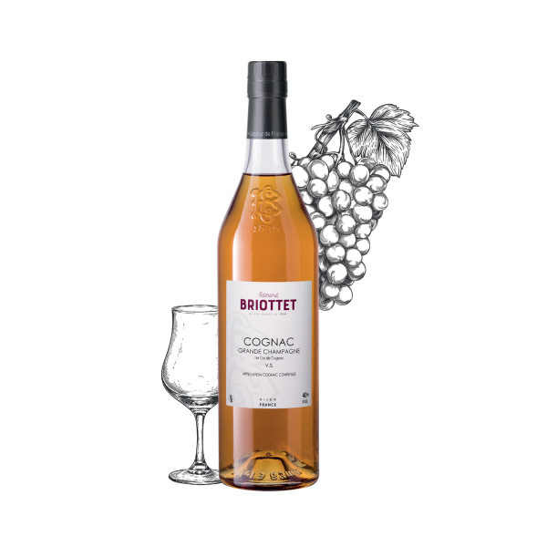 Bouteille de Cognac  vs Maison Briottet, alcool 40% vol., 70cl, avec deux verres cocktails avec glaçons
