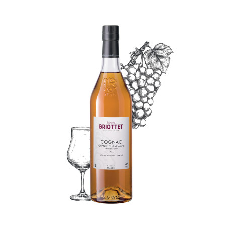 Bouteille de Cognac  vs Maison Briottet, alcool 40% vol., 70cl, avec deux verres cocktails avec glaçons