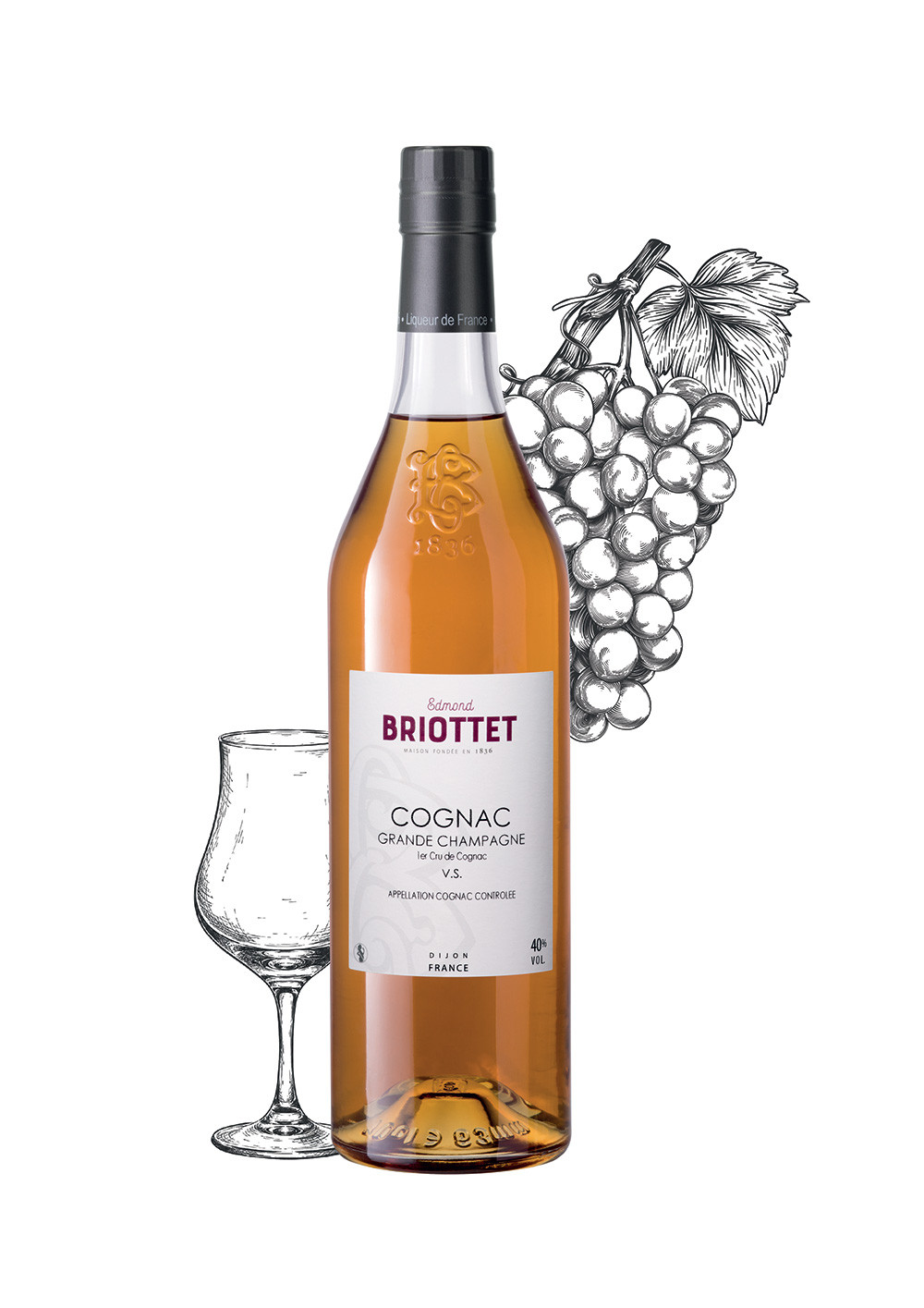 Bottle of Maison Briottet VS Cognac, 40% alcohol by volume, 70cl, with two cocktail glasses and ice cubes