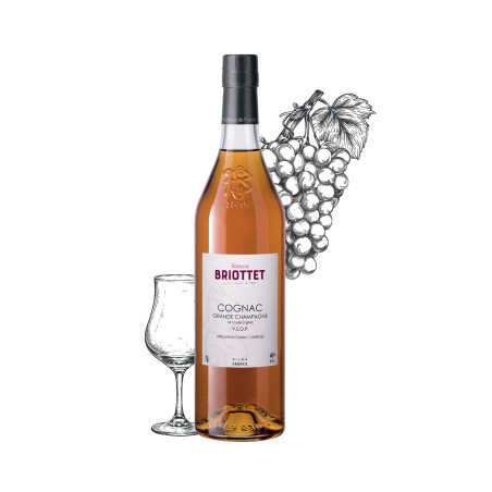 Bouteille de Cognac vsop Maison Briottet, alcool 40% vol., 70cl, avec deux verres cocktails avec glaçons