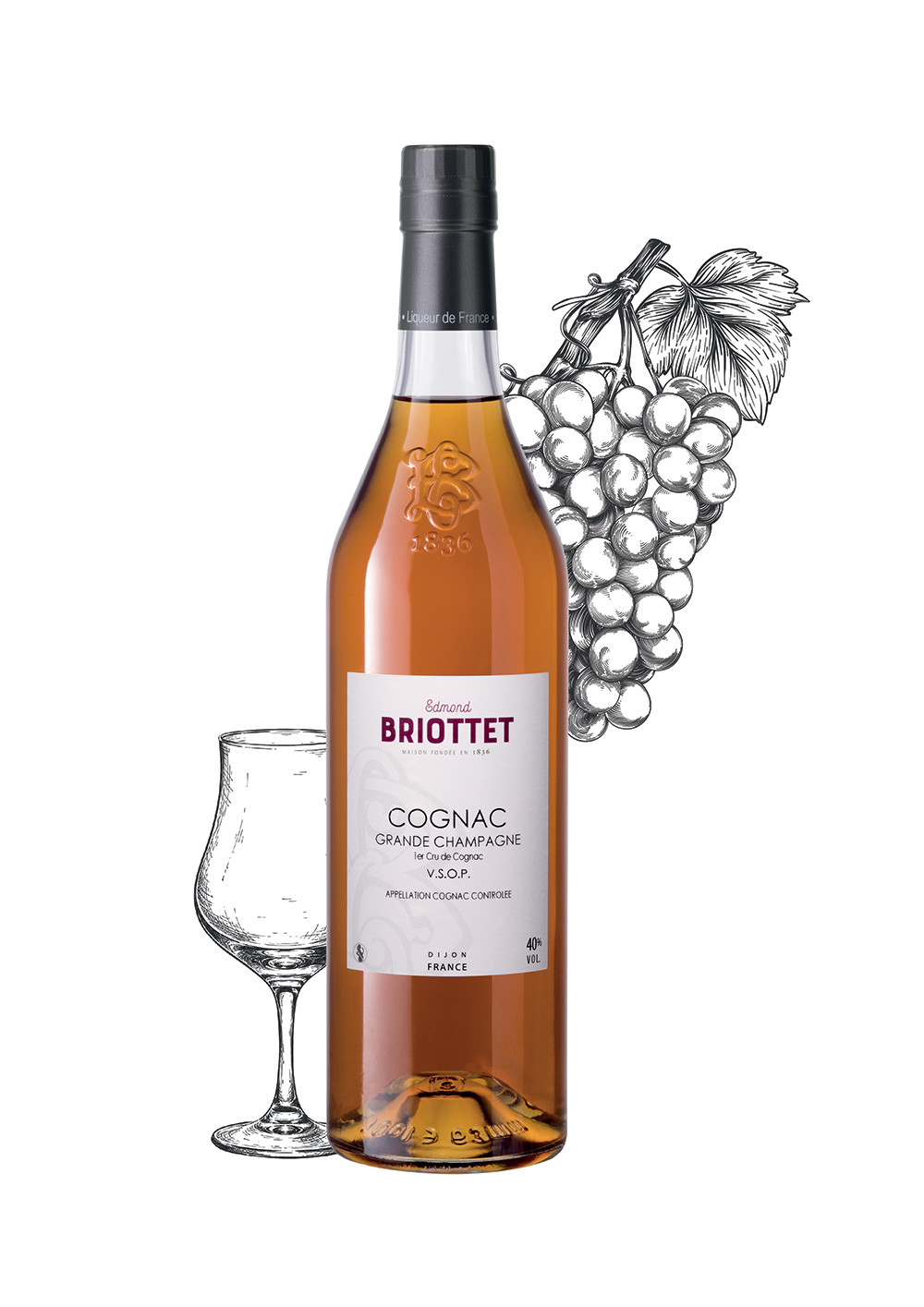 Bouteille de Cognac vsop Maison Briottet, alcool 40% vol., 70cl, avec deux verres cocktails avec glaçons