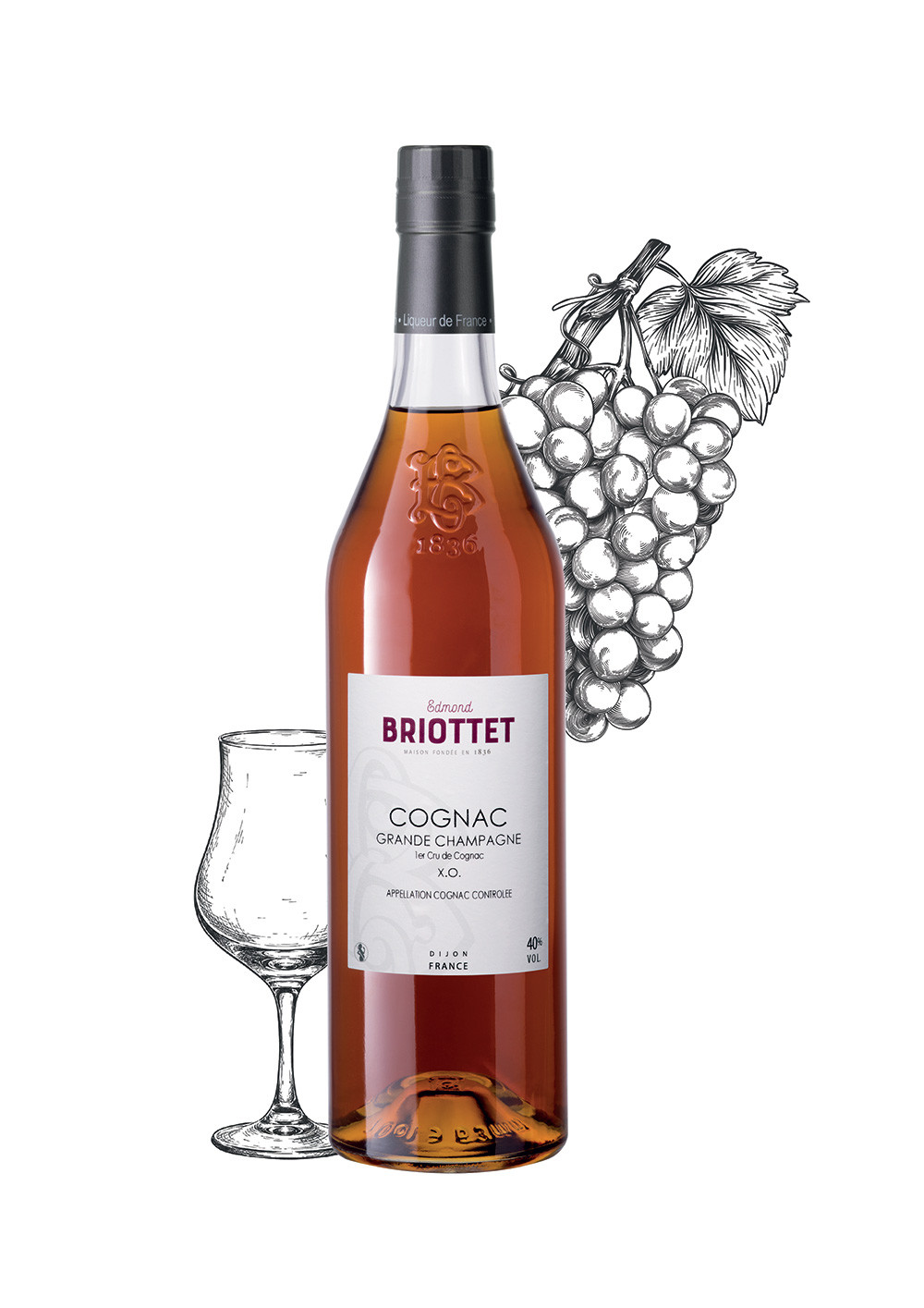 Bottle of Maison Briottet XO Cognac, 40% alcohol by volume, 70cl, with two cocktail glasses and ice cubes