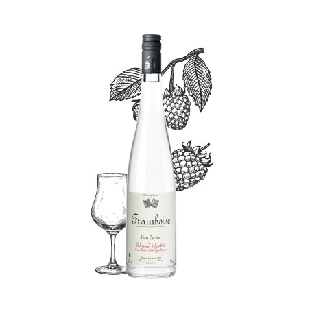 Bottle of Maison Briottet raspberry brandy, 45% alcohol by volume, 70cl, with two cocktail glasses and ice cubes