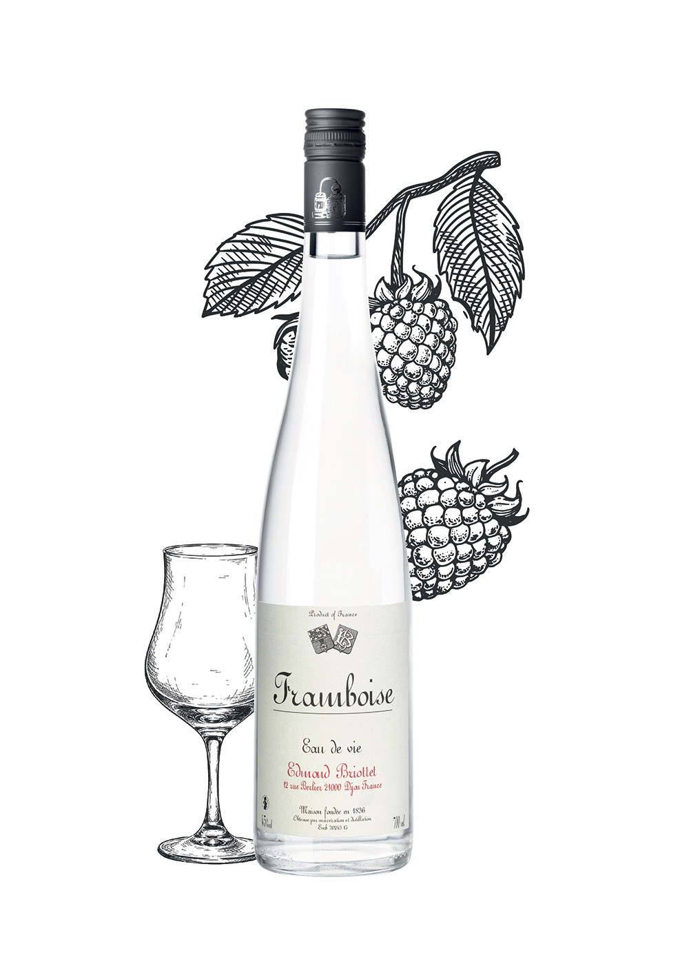 Bottle of Maison Briottet raspberry brandy, 45% alcohol by volume, 70cl, with two cocktail glasses and ice cubes