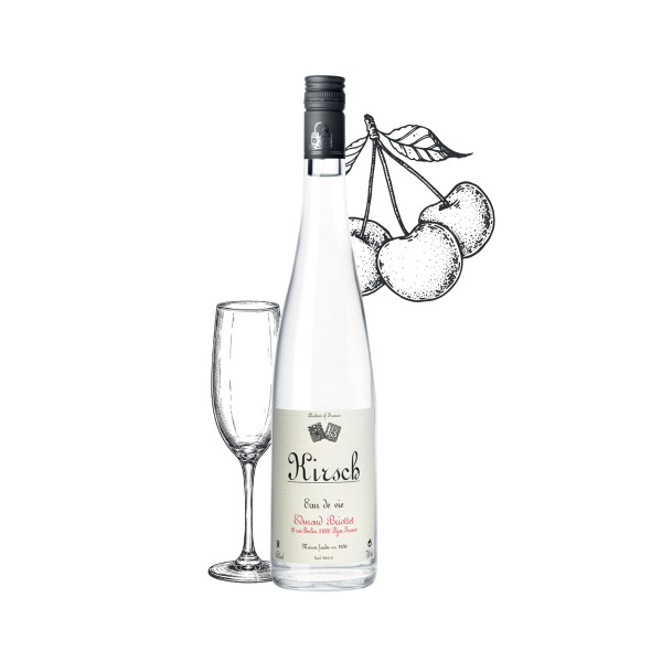 Bouteille d'eau de vie de KIRSH Maison Briottet, alcool 45% vol., 70cl, avec deux verres cocktails avec glacons