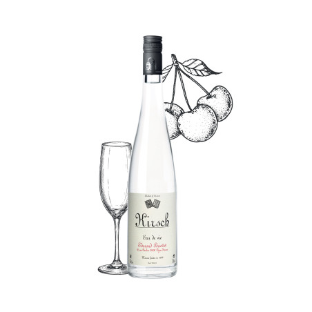 Bouteille d'eau de vie de KIRSH Maison Briottet, alcool 45% vol., 70cl, avec deux verres cocktails avec glacons