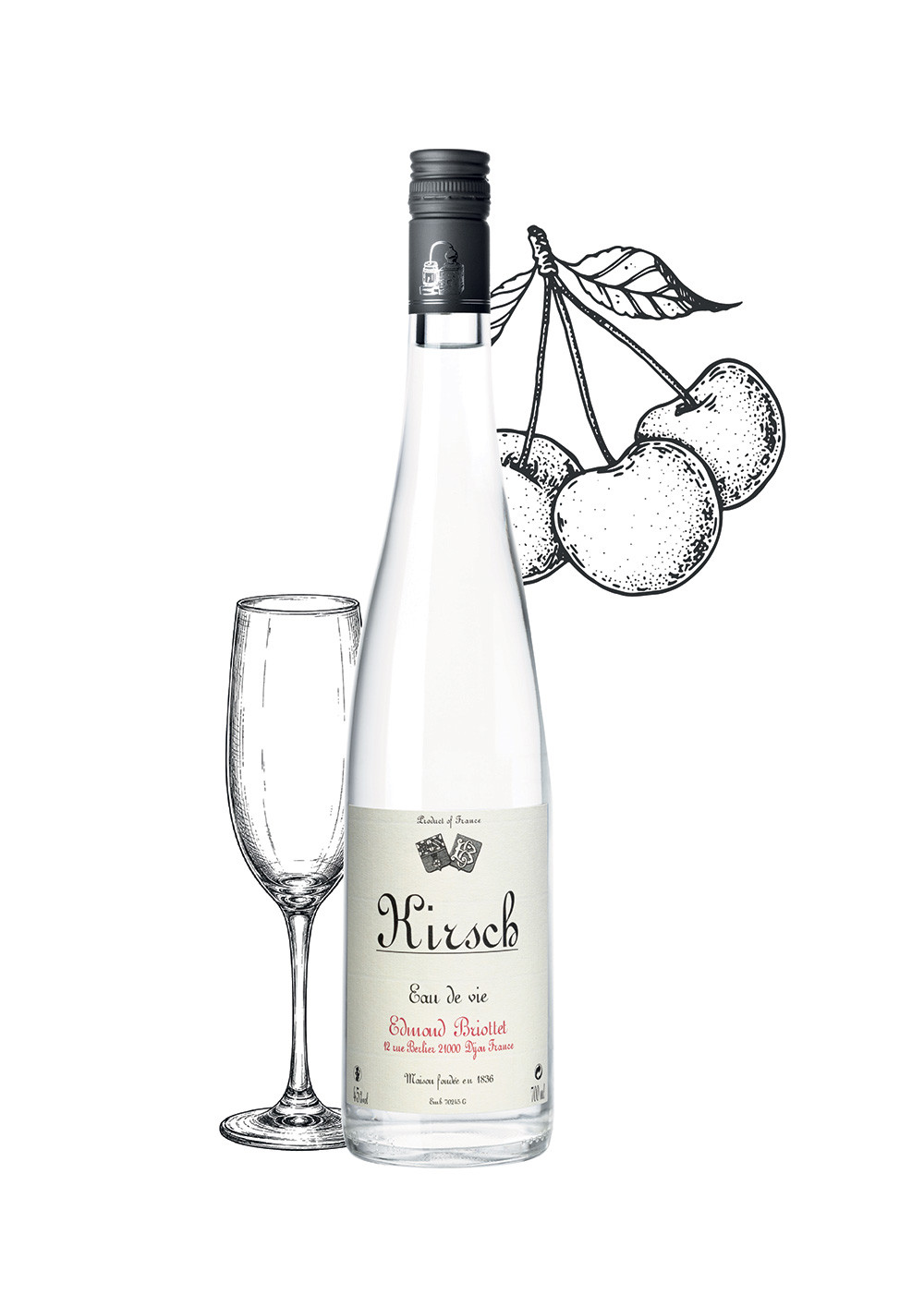 Bouteille d'eau de vie de KIRSH Maison Briottet, alcool 45% vol., 70cl, avec deux verres cocktails avec glacons