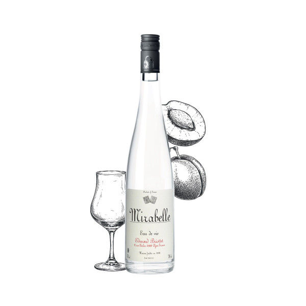 Bottle of MIRABELLE brandy from Maison Briottet, 45% ABV, 70cl, with two cocktail glasses and ice cubes