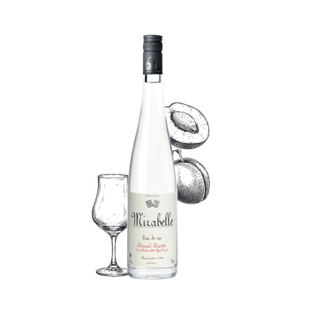 Bottle of MIRABELLE brandy from Maison Briottet, 45% ABV, 70cl, with two cocktail glasses and ice cubes