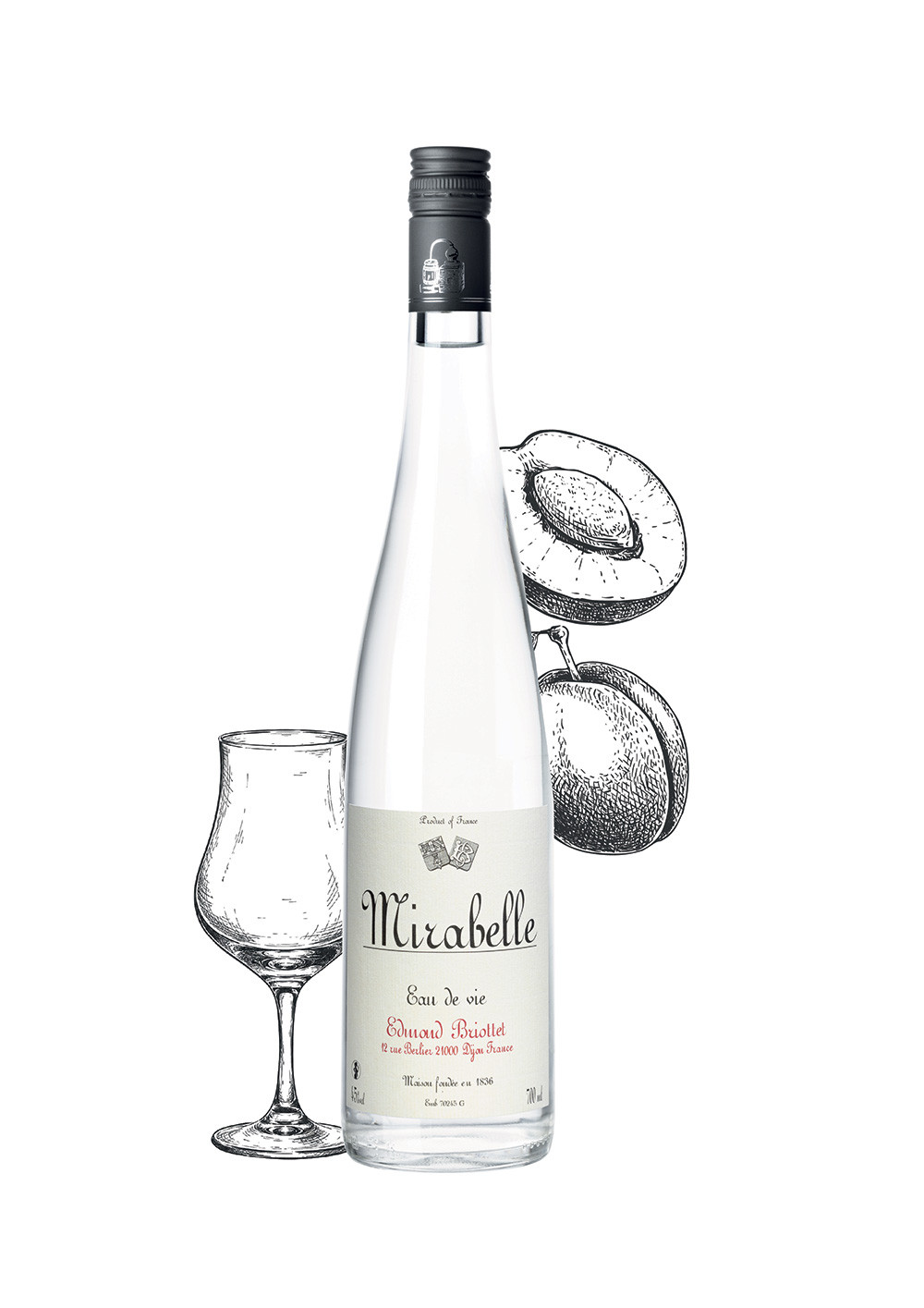 Bouteille d'eau de vie de MIRABELLE Maison Briottet, alcool 45% vol., 70cl, avec deux verres cocktails avec glacons
