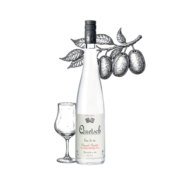 Bottle of Quetsch brandy from Maison Briottet, 45% ABV, 70cl, with two cocktail glasses and ice cubes