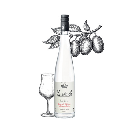 Bottle of Quetsch brandy from Maison Briottet, 45% ABV, 70cl, with two cocktail glasses and ice cubes