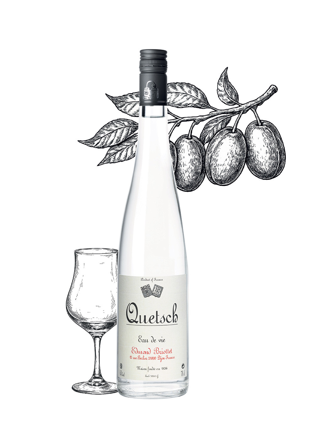 Bottle of Quetsch brandy from Maison Briottet, 45% ABV, 70cl, with two cocktail glasses and ice cubes