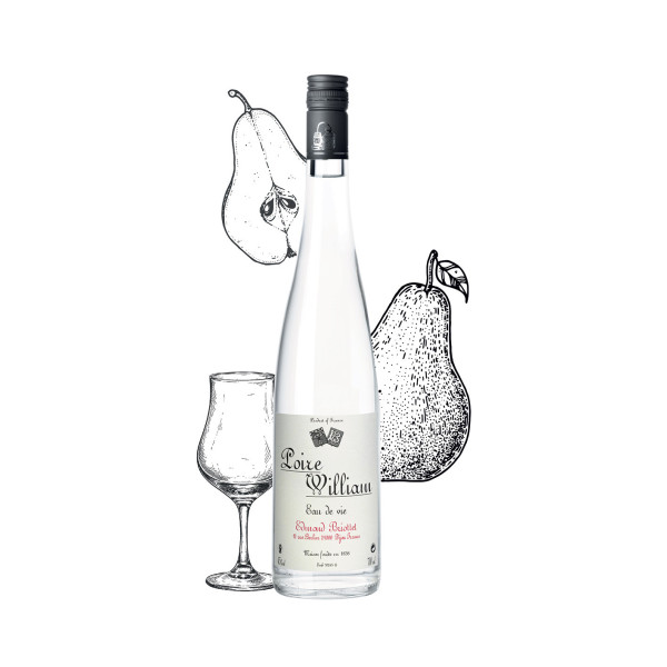 Bouteille d'eau de vie de Poire William Maison Briottet, alcool 45% vol., 70cl, avec deux verres cocktails avec glacons
