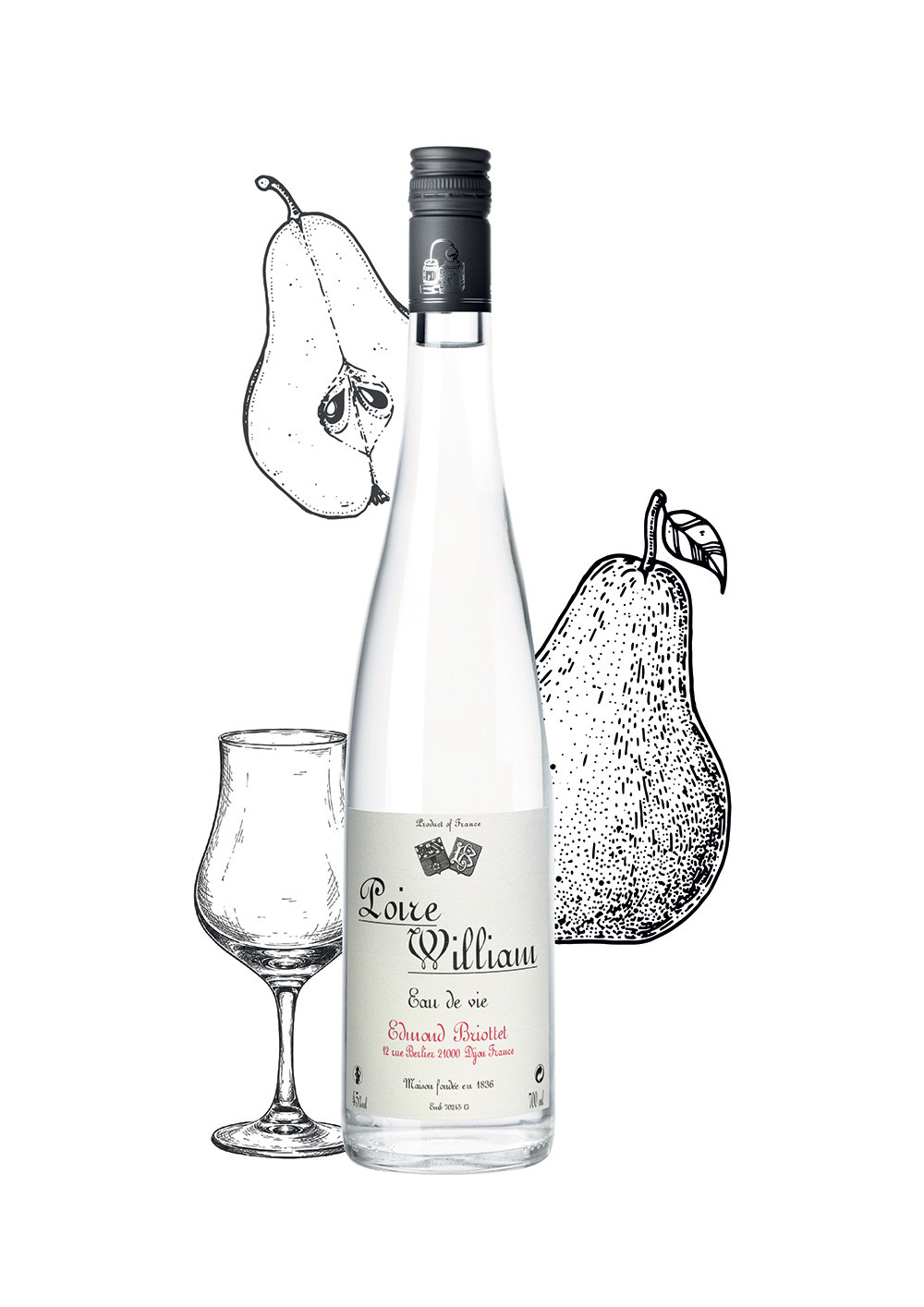 Bouteille d'eau de vie de Poire William Maison Briottet, alcool 45% vol., 70cl, avec deux verres cocktails avec glacons