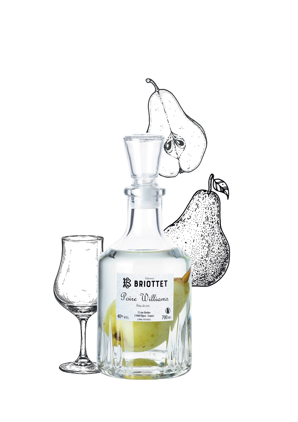 Bouteille d'eau de vie de Poire William Maison Briottet, alcool 45% vol., 70cl, avec deux verres cocktails avec glacons
