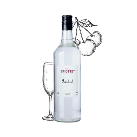 Fankish bottle, Kirsch Fantaisie 40% ABV, 1L, with a flute glass and a cherry illustration.