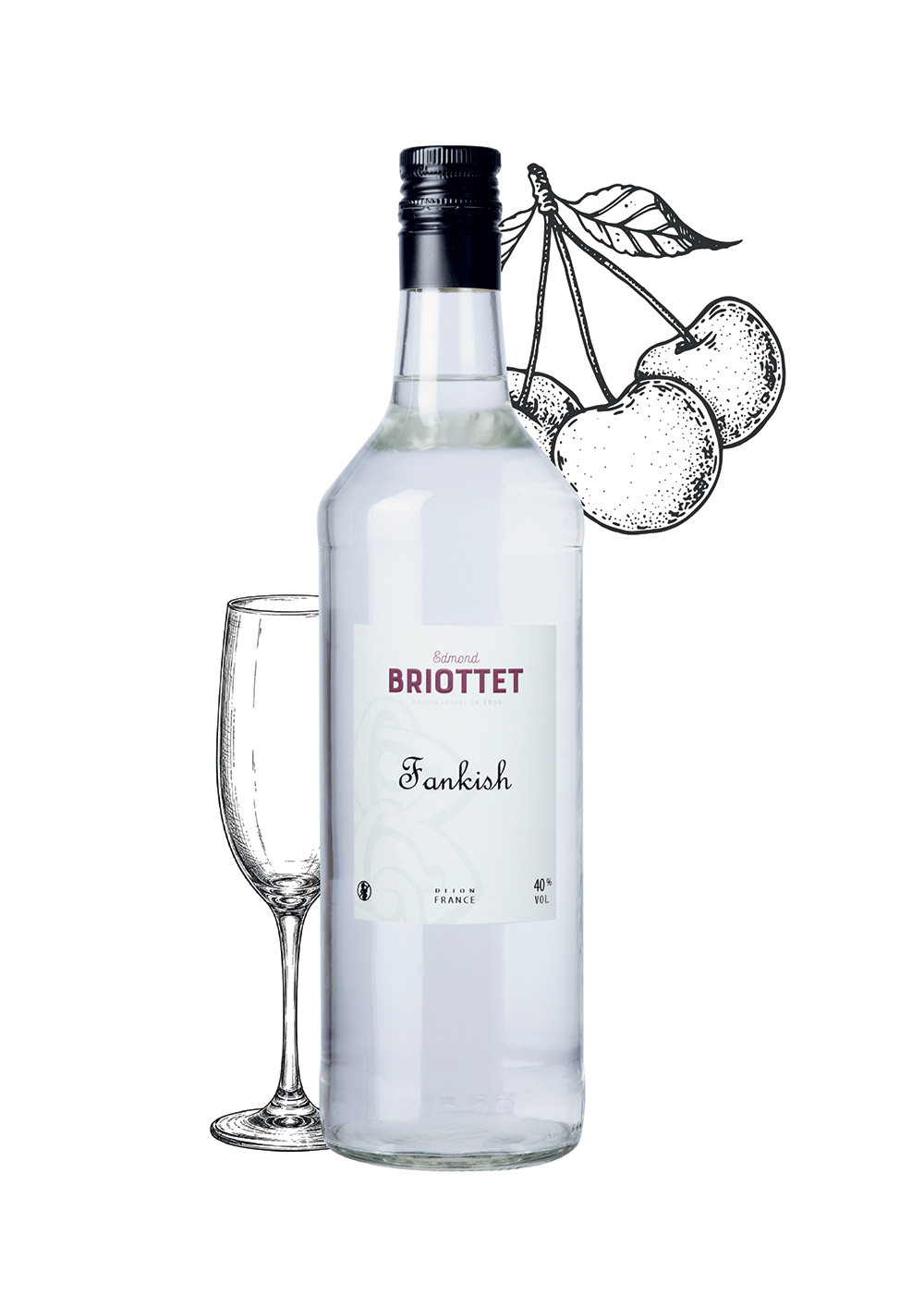 Bouteille de Fankish, Kirsch Fantaisie 40% vol, 1L, avec verre flûte et illustration de cerise.