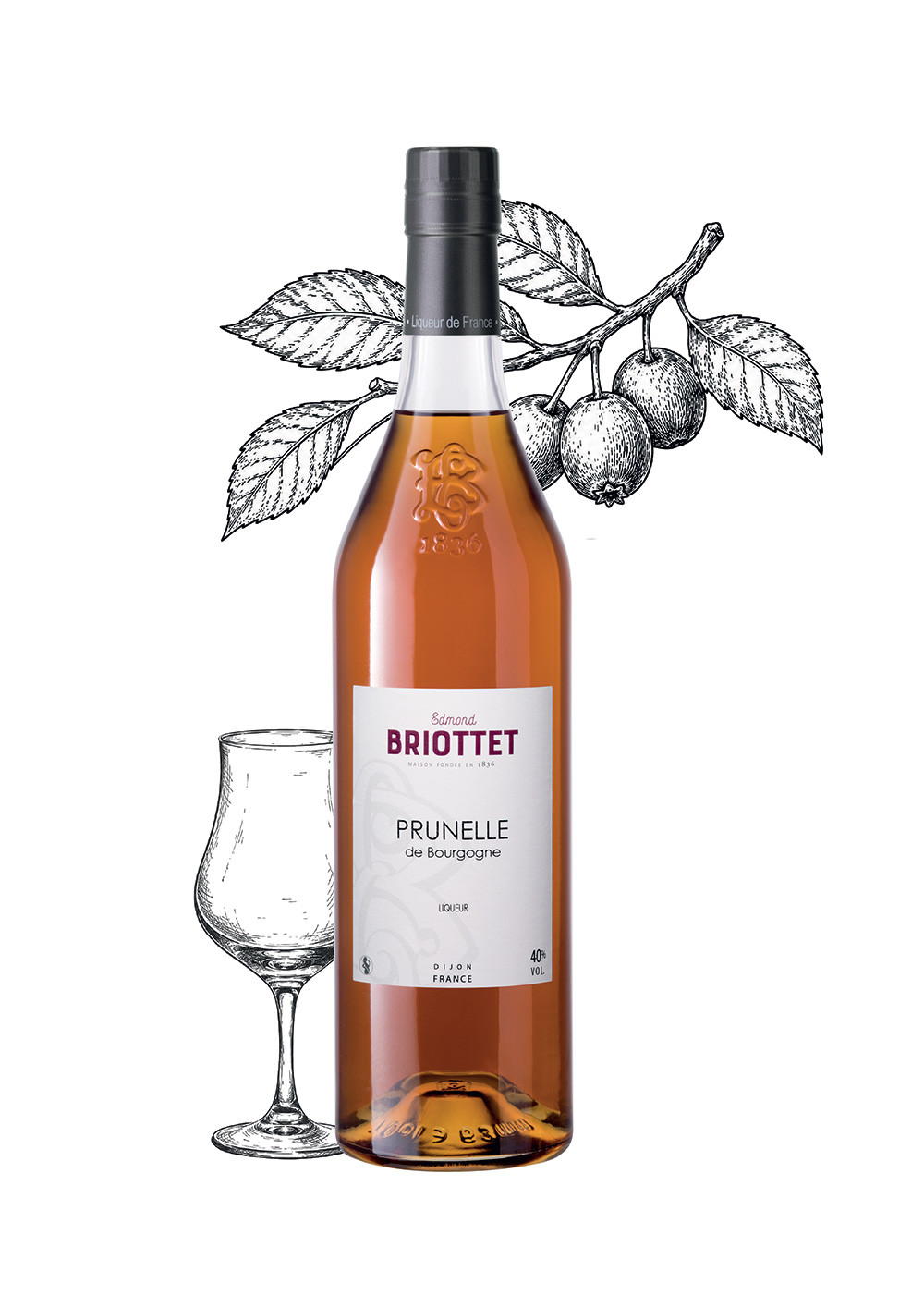 Bouteille de Liqueur de Prunelle de Bourgogne Maison Briottet, liqueur 40 % vol., 70cl, avec deux verres cocktails avec glaçons