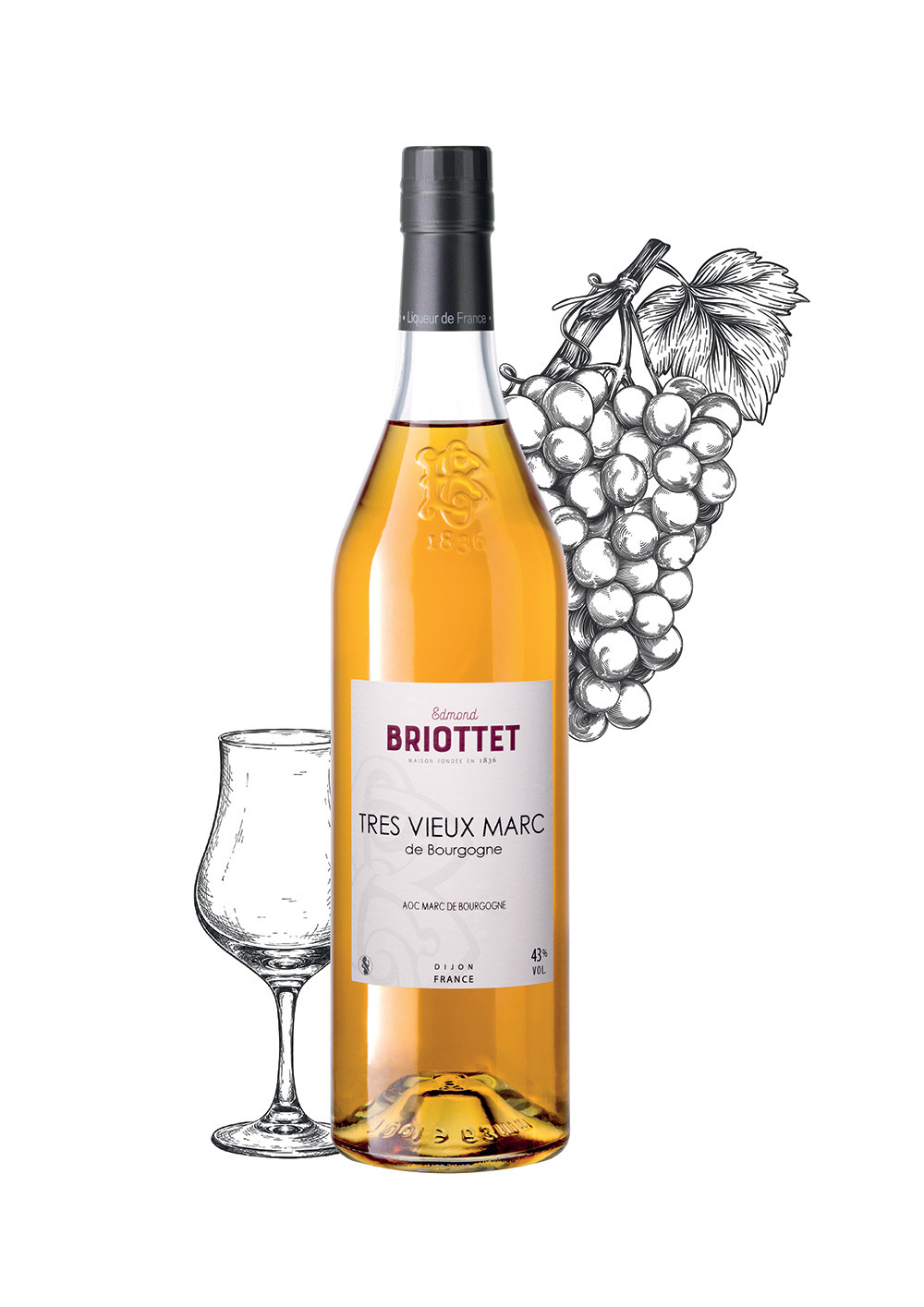 Bouteille de Très Vieux Marc de Bourgogne  Maison Briottet, alcool 43% vol., 70cl, avec deux verres cocktails avec glaçons