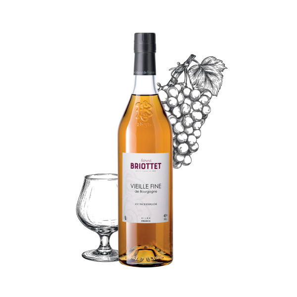 Bottle of Vieille Fine de Bourgogne Maison Briottet, 43% alcohol by volume, 70cl, with two cocktail glasses with ice cubes
