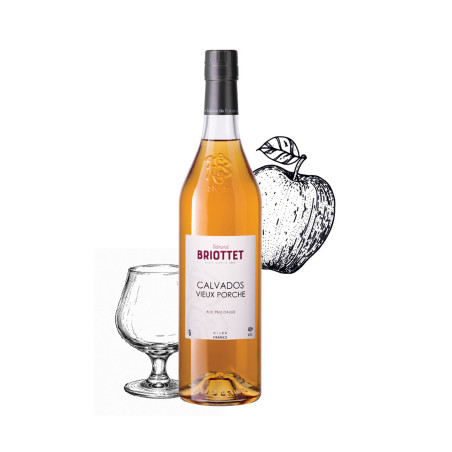 Bouteille de Calvados VS Maison Briottet 40% vol., 70 cl, avec verre de dégustation et illustrations de pommes.
