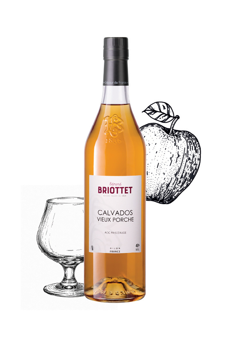 A bottle of Maison Briottet VS Calvados, 40% ABV, 70 cl, with a tasting glass and illustrations of apples.