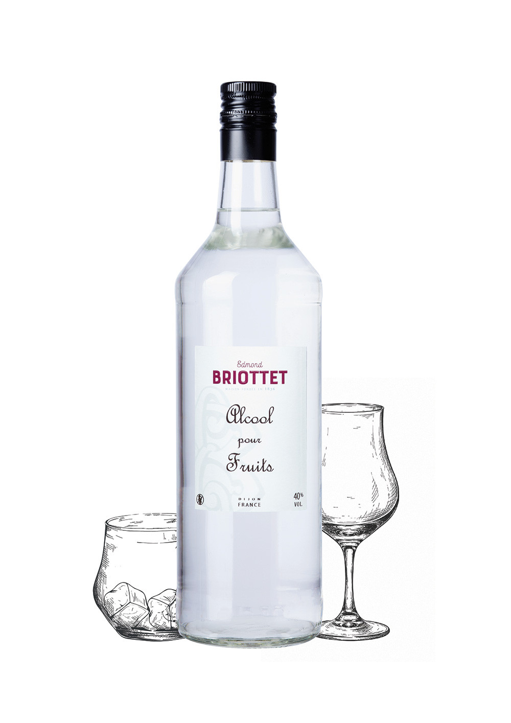 Bouteille d'alcool pour fruit  Maison Briottet, alcool 40% vol., 70cl, avec deux verres cocktails avec glaçons