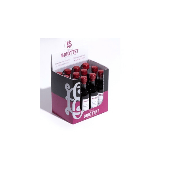Bottle of Crème de Cassis de Dijon Maison Briottet, liqueur 20% vol., 5cl, in packaging for 12 miniature bottles