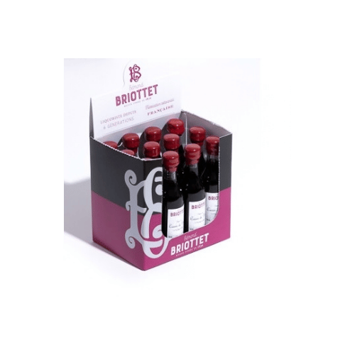 Bouteille de Crème de Cassis de Dijon Maison Briottet, liqueur 20% vol., 5cl, dans emballage pour 12 mignonettes