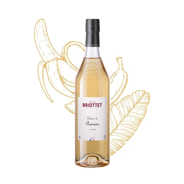 Bouteille de Crème de banane Maison Briottet, liqueur 25% vol., 70cl, sur fond d'illustration de banane et feuille