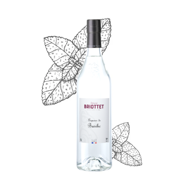 Bouteille de Liqueur de Basilic Maison Briottet, liqueur 18% vol., 70cl, sur fond d'illustration de basilic