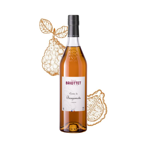 Bouteille de Crème de bergamote Maison Briottet, liqueur 18% vol., 70cl, sur fond d'illustration de fruit bergamote