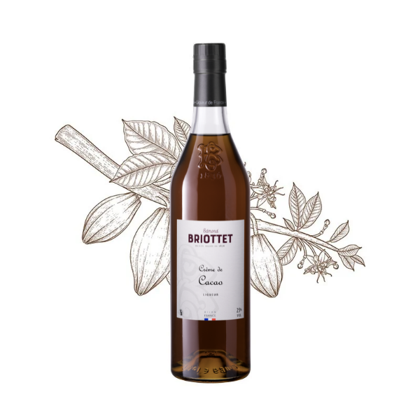 Bouteille de Crème de Cacao Ambré Maison Briottet, liqueur 25% vol., 70cl, sur fond d'illustration du fêve de cacao