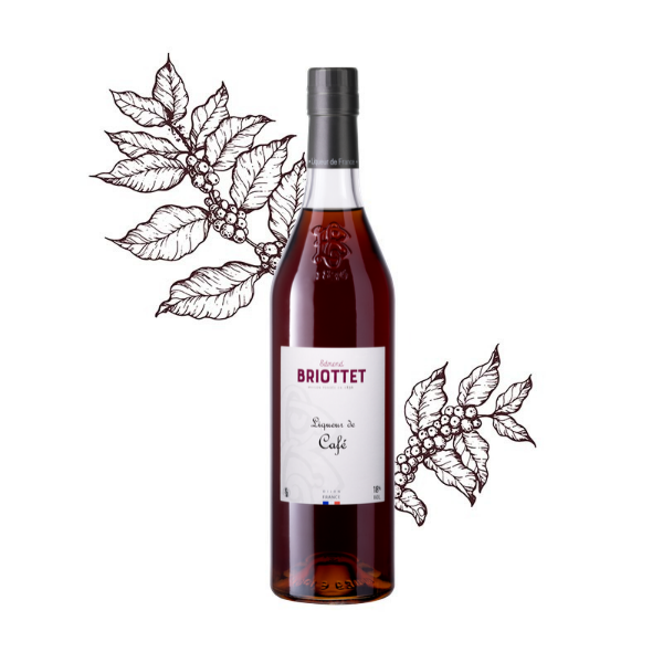 Liqueur de café Maison Briottet, liqueur 18% vol., bouteille 70cl, sur fond d'illustration avec des grains de café