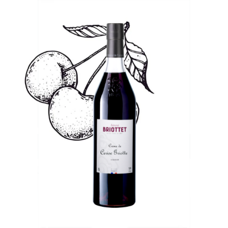 Bouteille de Crème de Cerise griotte Maison Briottet, liqueur 18% vol., 70cl, sur fond d'illustration de feuilles et de cerise