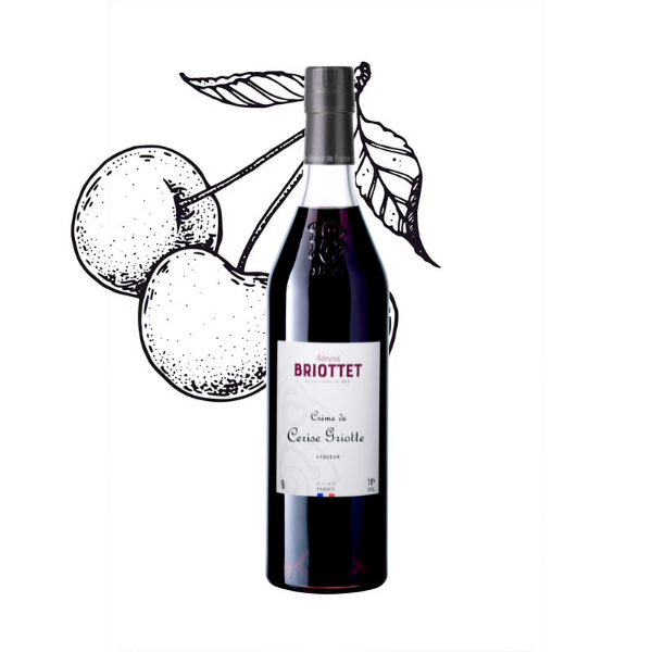 Bouteille de Crème de Cerise griotte Maison Briottet, liqueur 18% vol., 70cl, sur fond d'illustration de feuilles et de cerise