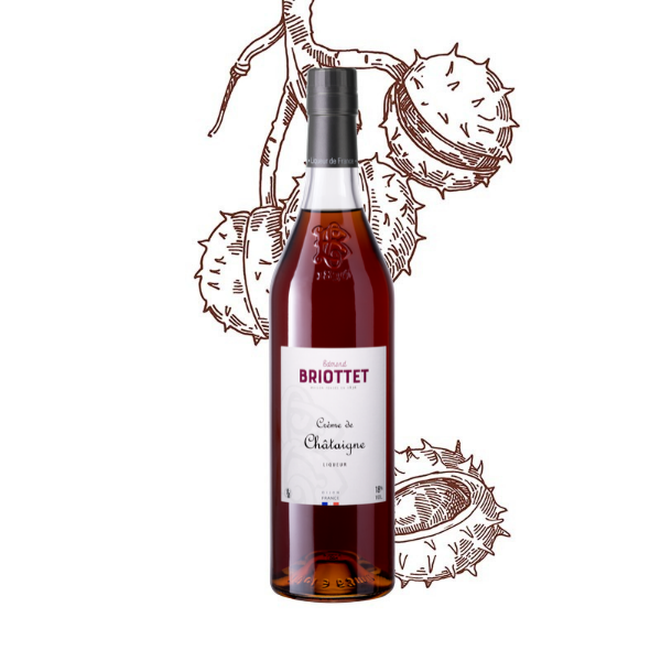 Bouteille de Crème de Chataigne Maison Briottet, liqueur 18% vol., 70cl, sur fond d'illustration de chataigne